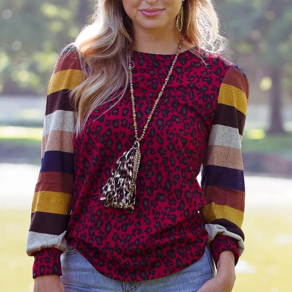 Leopard Print Blouse with Striped Sleeves